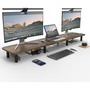 Dual Monitor Stand - 43.7 inch Extra Long Wide TV Stand - Wood & Steel Leg Desktop Riser - Desk Organization - Home Office (Vintage)