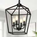 4 Light Chandelier, Industrial Ceiling Light Black Lantern Light Fixtures with Farmhouse Metal Cage Adjustable Height Rustic Geometric Hanging Light E12 Base for Kitchen Island, Entryway, Indoor