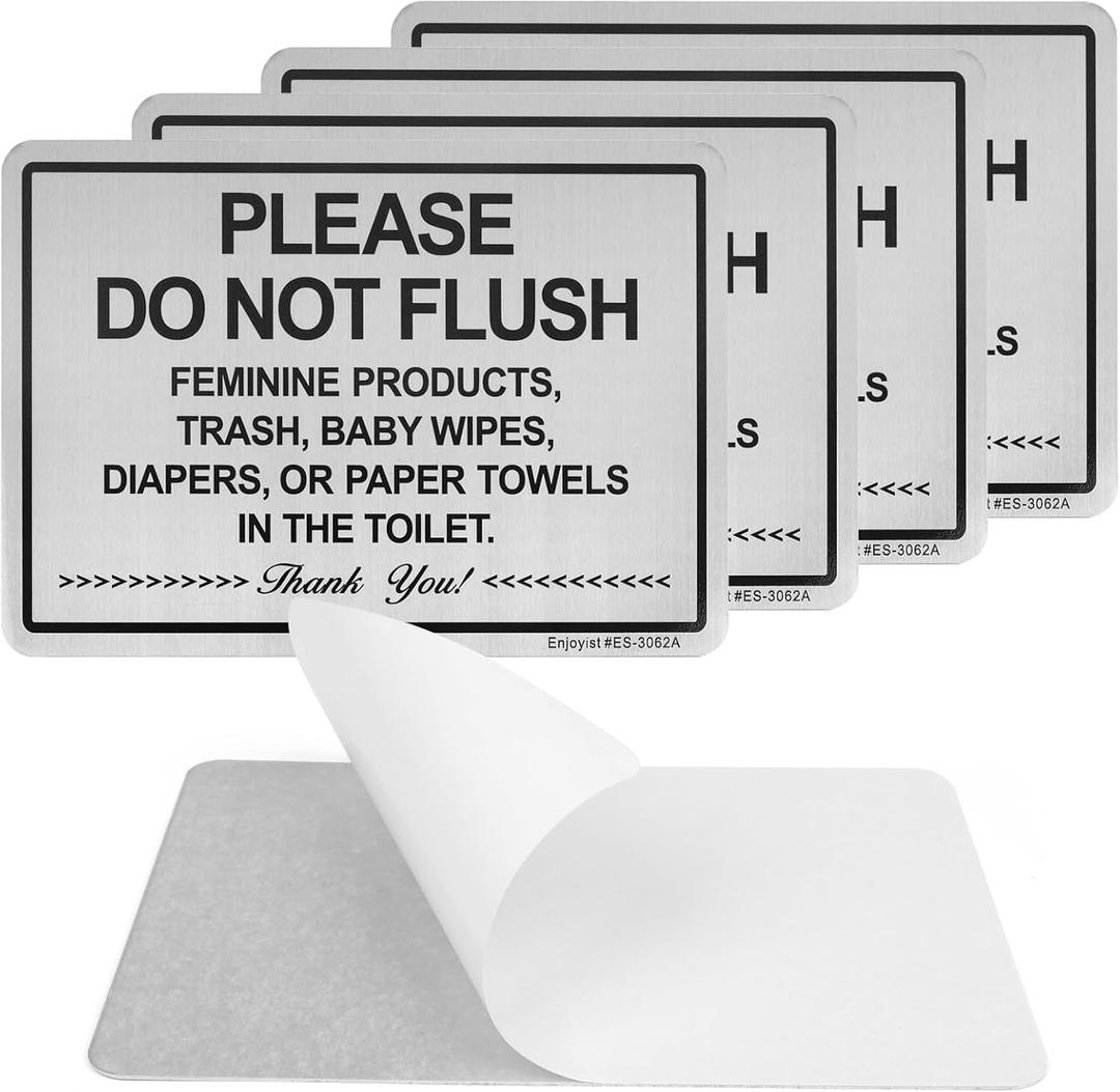 4 Pack Do Not Flush Sign for Bathroom, 9" x 6" Self-adhesive Do Not Flush Anything Except Toilet Paper Sign, Aluminum Metal Signs for Business and Home