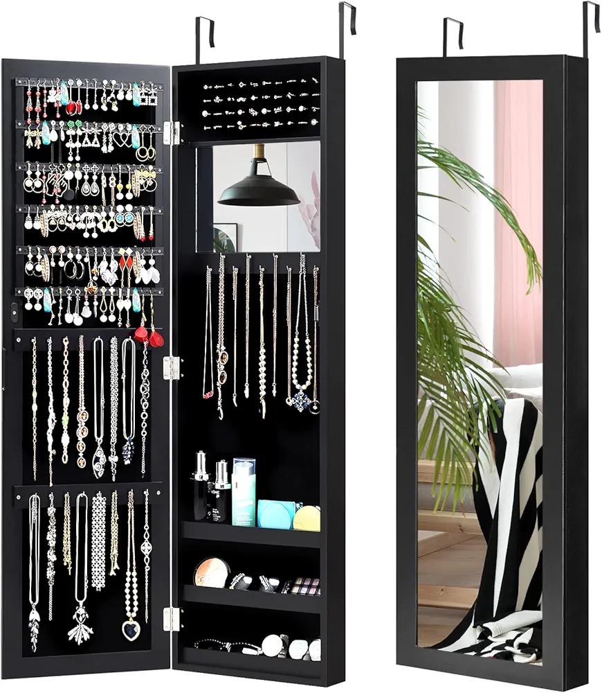 Full Length Mirror Jewelry Cabinet, Wall Door Mounted Jewelry Organizer with Makeup Mirror, Ring Slots & Necklace Hooks, Large Storage Jewelry Armoire for Bedroom, Dressing Room (Black) Full Length Mirror Jewelry Cabinet, Wall Door Mounted Jewelry Organizer with Makeup Mirror, Ring Slots & Necklace Hooks, Large Storage Jewelry Armoire for Bedroom, Dressing Room (Black)
