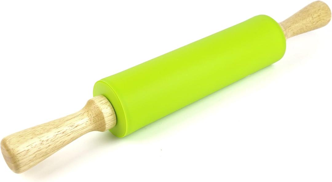 Silicone Rolling Pin for Baking Non-stick Rolling Pin Dough Roller Wooden Handle Kitchen Accessories Pastry Roller (15 inch, Green)