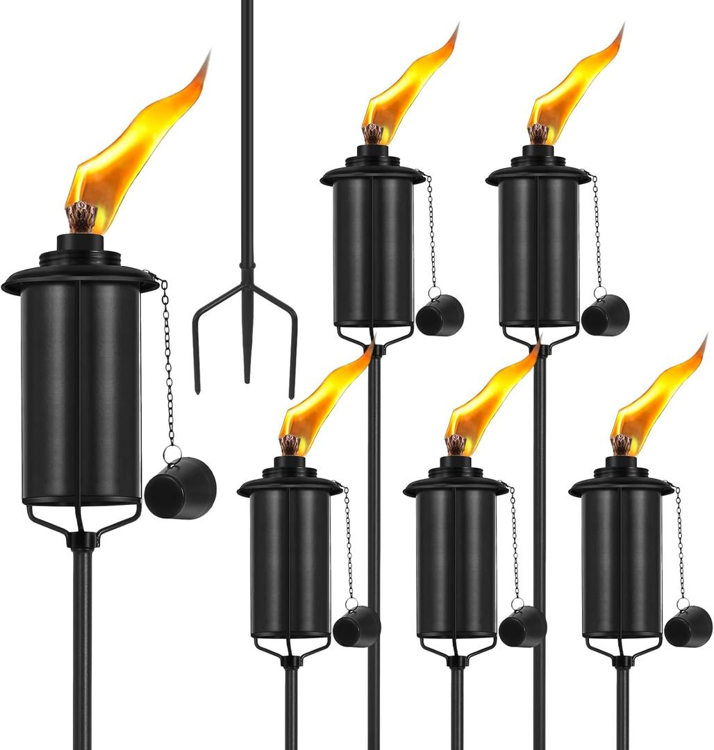 Home Garden Torch Set of 6, 16oz Outdoor Metal Torch Garden Dcor, 59-Inch Upgraded Citronella Torches with 3-Prong Grounded Stake, Metal Light Torches for Party Patio Pathway