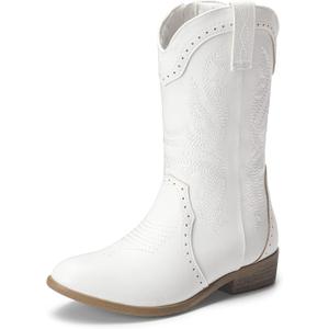 DREAM PAIRS Cowgirl Boots for Girls Boys Cowboy Boots Kids Western Embroidered Mid Calf Riding Shoes with Walking Heel Toddler/Little Kid/Big Kid (White) Size 6