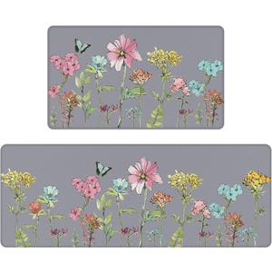 Colorful Flower Butterfly Kitchen Mats 2 Piece for Floor, Multi Colored Floral Kitchen Rugs Sets of 2, Non Slip Washable, 17"x47"+17"x29",Grey