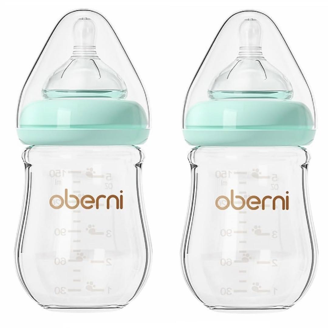 Glass Baby Bottles, Anti Colic Breastfeeding Bottle with Natural Response Nipple for Newborn Preemie 0+ Month, BPA Free, Wide Neck, Blue/5oz