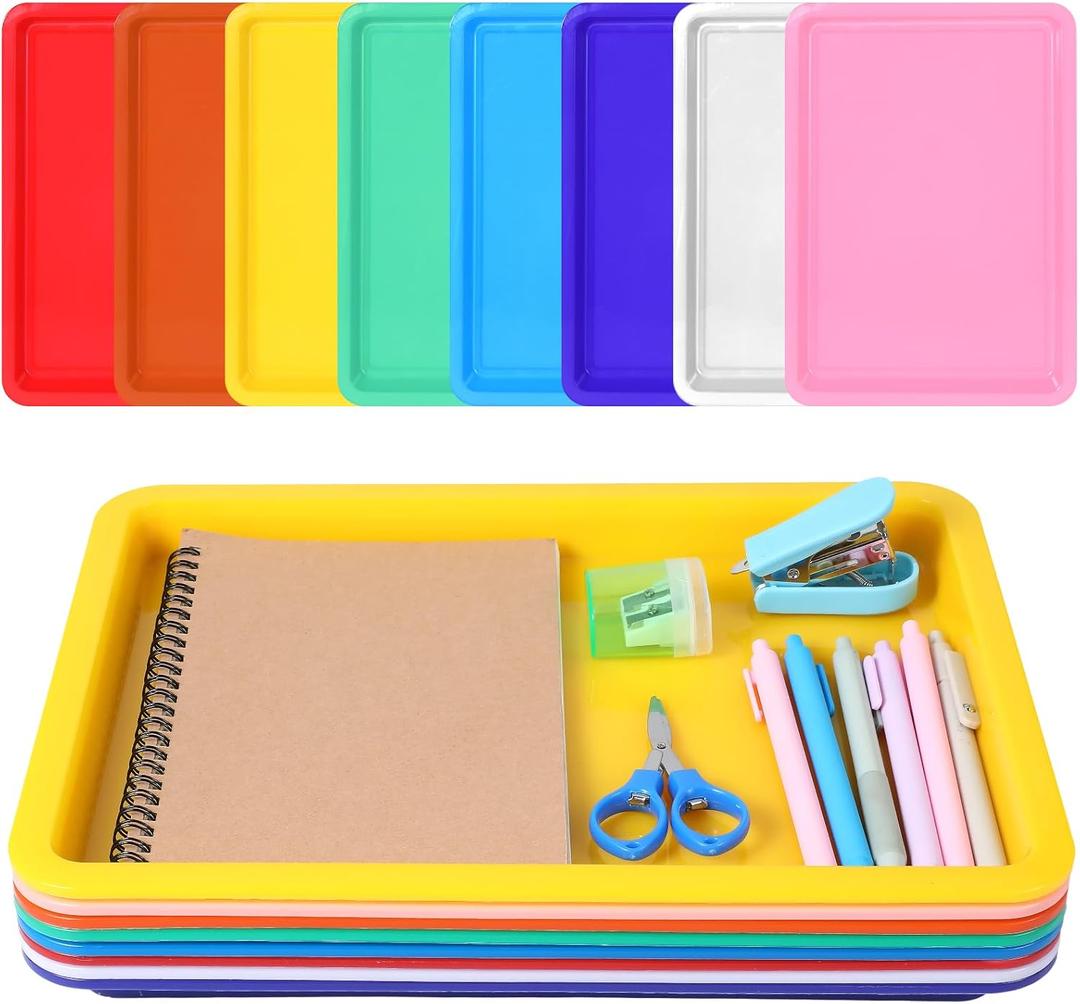 8 Pack Large Plastic Art Trays 13.4 x9.9 x1 Inch Stackable Activity Craft Trays Sensory Serving Organizer for DIY Project Jewelry Sorting Sand Painting Supplies, 8 Color