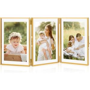 Gold 4x6 Triple Picture Frame, Gold Folding Picture Frames with Three Opening, Hinged Glass Floating Picture Frames for Artwork Photo Stand on Tabletop