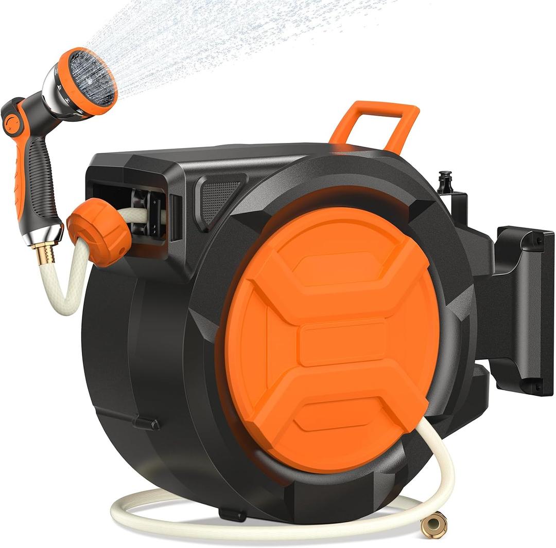 Retractable Garden Hose Reel 1/2" 100ft, 2-in-1 Wall Mount & Portable Auto Rewind Water Hose Reel with Any Length Lock & 180° Swivel, Heavy Duty Outdoor Hose Storage for Garden, Patio and Car Washing