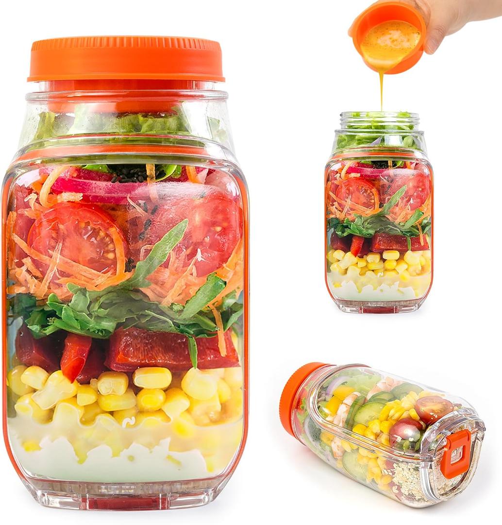 Salad To Go Food Container Durable Food Grade Salad Jar with Side Opening Anti-Sogging Food Containers for Lunch, Meal Prepping Non-BPA Dishwasher and Microwave Safe Tritan (Red)