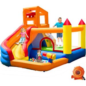 HuaKastro Bounce House for Kids 3-8 with Slide and Ballpit for Indoor Outdoor Play, 5 in 1 Backyard Jumping Castle W/Climbing Wall, (Water) Slide, Pool & Water Cannon for Kids Parties - with Blower