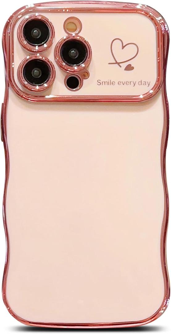 iPhone 15 Pro Case Magnetic, for Women Girls Soft Cute Wave Frame Curly Shape Love Heart Luxury Plating Phone Case Compatible with MagSafe Shockproof Back Cover 6.1" - Pink