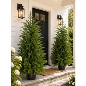 4FT Lighted Artificial Topiary Trees Outdoor Set of 2, Norfolk Pine Trees with Warm White Lights, Potted Faux Evergreen Trees for Front Porch, Entryway, Patio, Christmas Indoor Outdoor Decor
