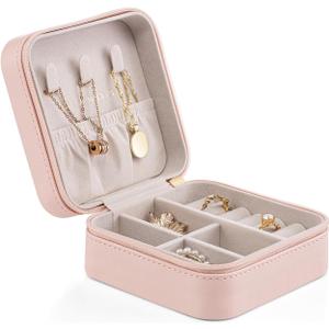 Vlando Small Faux Leather Travel Jewelry Box Organizer Display Storage Case for Rings Earrings Necklace, Pink