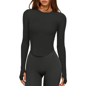 LASLULU Long Sleeve Workout Shirts for Women Lightweight Athletic Crewneck Gym Active Tops Casual Basic Fall Outfits Clothes(Black Medium)