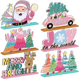 6 Pcs Pink Christmas Table Decorations Wooden Table Centerpieces Christmas Tree Santa Claus Hohoho Joy to The World Reindeer Xmas Tabletop Signs for Xmas Holiday Party Room Home Desk Supplies