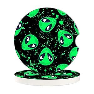 BAMOWEY Alien Car Coaster for Cup Holders, 2 Pack Absorbent Ceramic Car Green Aliens Cup Holder Coaster for Women Men, 2.56 Inch with Finger Notch and Cork Base for Most Cars Interior