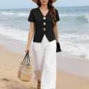 Women's Cardigan Sweater Short Sleeve V Neck Golden Button Down Front Blouse Casual Knitwear Top (Black, L)