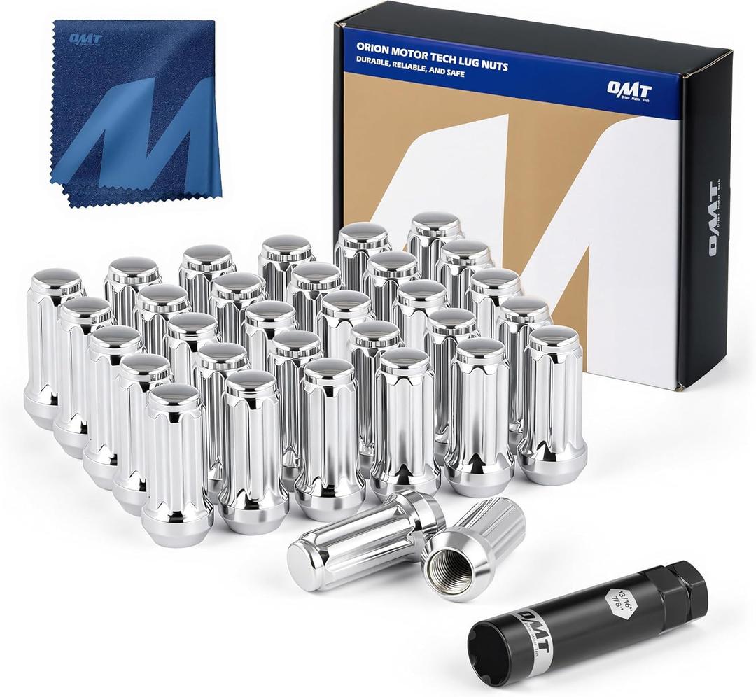 Orion Motor Tech M14x1.5 Wheel Lug Nuts 32 Pack, Chrome Lug Nuts 2 inches Tall Spline Drive Cone Seat with Socket Compatible with Ford F250 F350 Super Duty, Chevy Silverado 1500 2500HD and GMC Sierra
