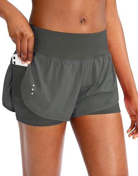 Women's 2 in 1 Running Shorts High Waisted Spandex Shorts Gym Yoga Workout Athletic Shorts for Women with Zipper Pockets, M