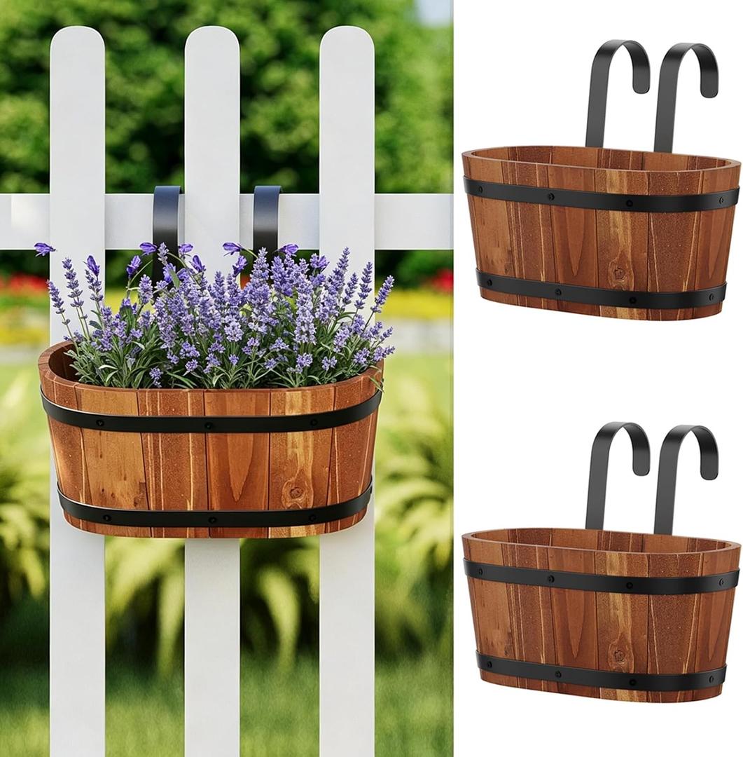 Hanging Wooden Flower Pots, Railing Planter for Any Balcony, Porch or Deck Countryside Style with Detachable Hooks for Garden Yard Home Decor (Brown)