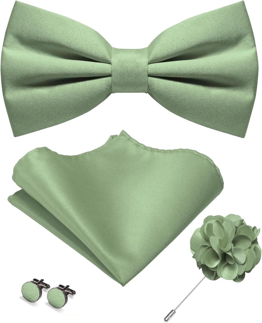 JEMYGINS Solid Color Pre-tied Bow Tie and Pocket Square Cufflinks Lapel Pin Sets for Men 4PCS (Sage Green)