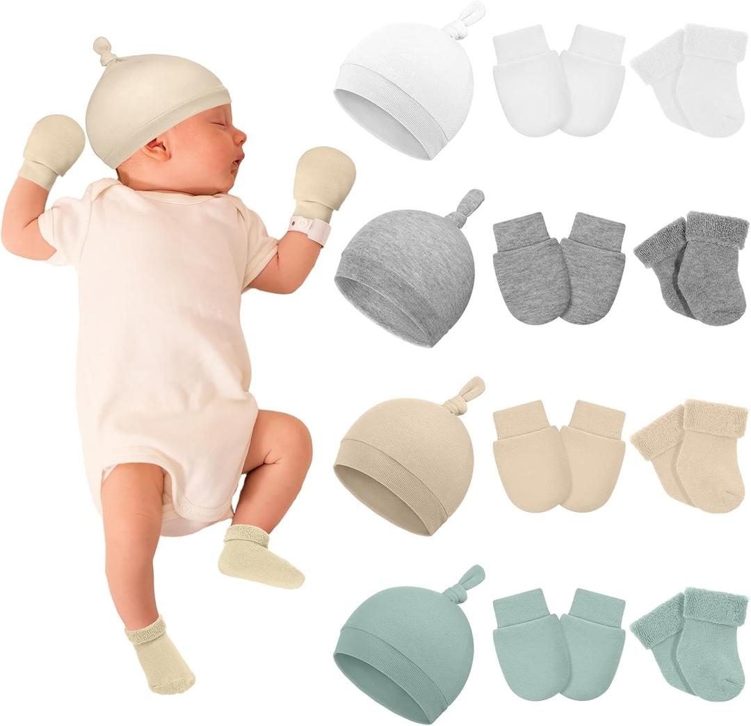Ramede 4 Pack Preemie Hats Mitten and Socks Set Cotton Preemie Cap No Scratch Mittens Warm Terry Socks for Girls Boys (Multicolor)