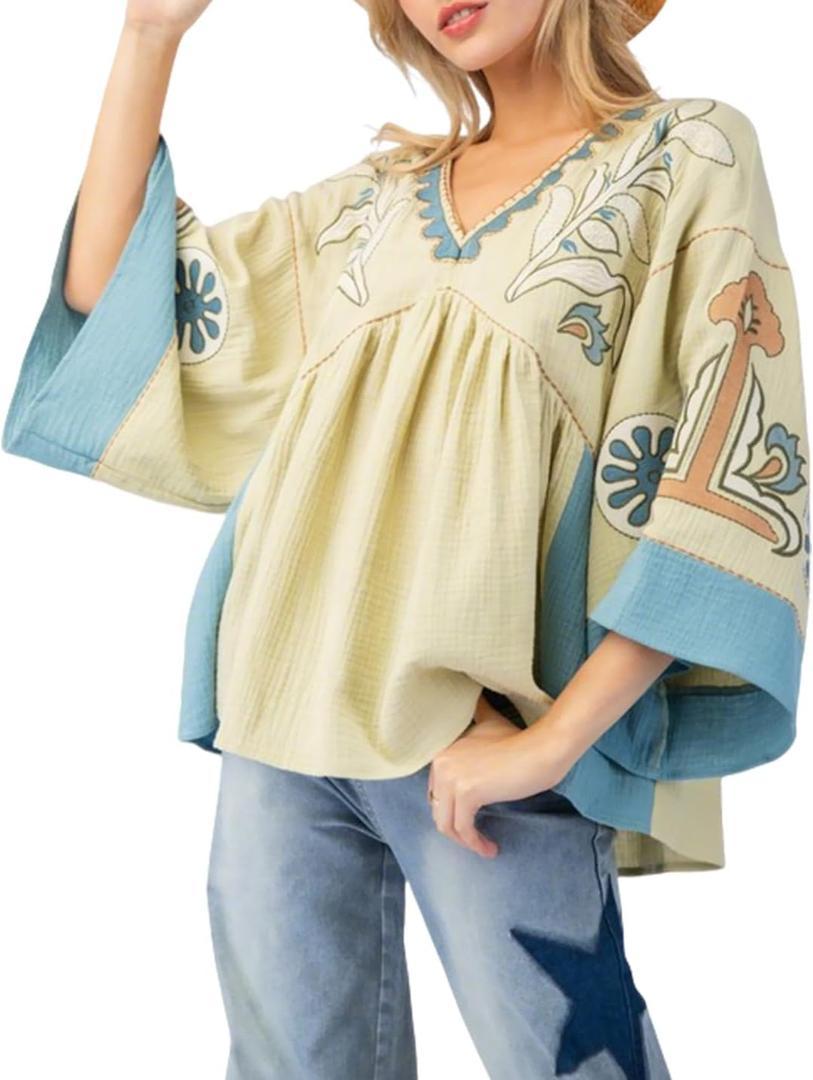 Womens Floral Printed Blouse V-Neck 3/4 Sleeves Loose Fit Vintage Babydoll Tops (Small, Green)