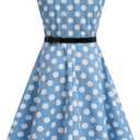 Kids Girls 50s Audrey Vintage Polka Dot Swing Party Rockabilly Dress Retro Peter Pan Doll Collar Wedding Casual Skater Dress (Blue)