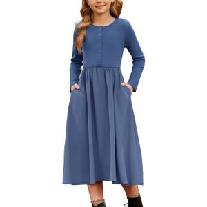 GRACE KARIN Girls Fall Long Sleeve Dresses Teen Girl Blue Maxi Casual Dress Kids Formal Party Dress Size 13-14