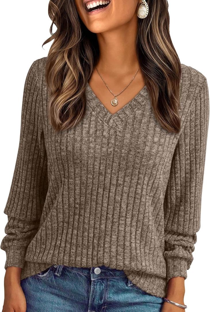 AUTOMET Womens V Neck Long Sleeve Shirt Fall Fashion Tops Tunic Dressy Casual Sweater Clothes Cute Trendy Work Outfits 2026, Khaki, X-Large