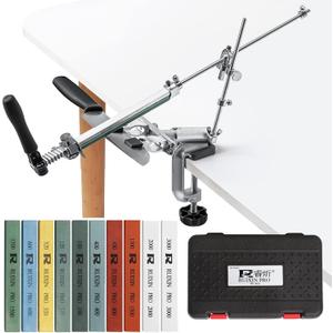 RUIXIN PRO RX-009 Professional Knife Sharpener with 10 Whetstones, 360 Rotation Flip Design Fixed-Angle Aluminum Alloy Kitchen Chef Knife Sharpening Kit Abrasive Holding System Tools (Silver)