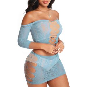 Womens Lingerie Fishnet Bodysuit See Through Lingerie Set for Women Babydoll Fishnet Dress Mesh Chemise Sexy Naughty Outfits for Nightwear Clubwear Stripper, Sheer Fish Net Two Piece Blue ( One Size )