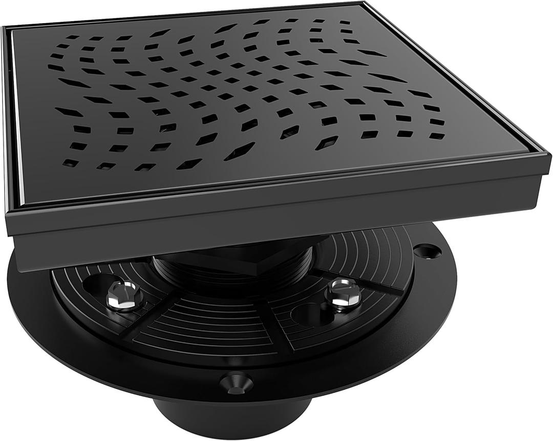 WEBANG 6 Inch Square Shower Drain Black Floor Drain with Flange Wave-Hole Pattern Cover Grate Removable SUS304 Stainless Steel Watermark &CUPC Certified Matte Black