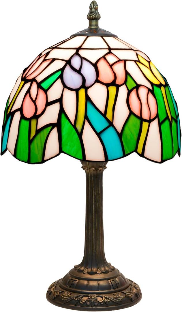 Tiffany Table Lamp Pink Yellow Tulips Stained Glass Lamp Handmade Bedside Table Night Unique Cute Accent Nightstand Light Antique Art Craft Gifts Lamp for Home Office Dormitory Bar Decorate