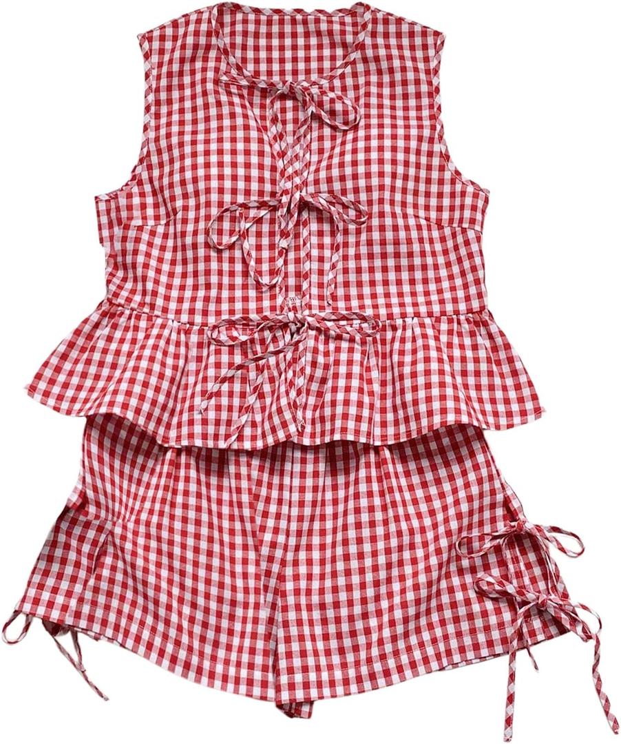 GORGLITTER Women's Gingham 2 Piece Sets Bow Tie Front Tank Top Baggy Shorts Sets Cute Summer Vacation Beach Outfits M