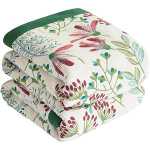 Boho Throw Blanket for Bed 50x60, 100% Cotton Woven Blanket for Couch Sofa, Ultra Soft 4-Layer Muslin Quilt with Floral Printed, Farmhouse Bed Blanket/Cover for Living Room Decor