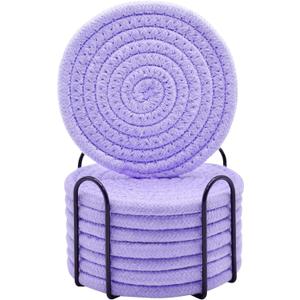 ABenkle 8 Pcs Drink Coasters with Holder, Cotton Woven Absorbent Coasters for Drinks, Minimalist Home Decor Coaster Set for Wooden Tabletop Protection Table, 4.3 inches (Purple)