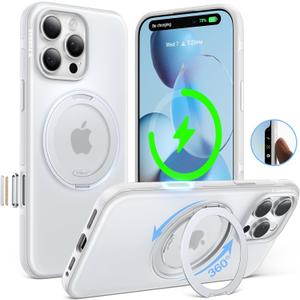 TORRAS 360 Magnetic Stand for iPhone 16 Pro Case, [Fit for MagSafe][Camera Control Button] Mil-Grade Protection Translucent Slim Anti-Scratch Rotatable Ring Kickstand, Glacier White, OFitness Series