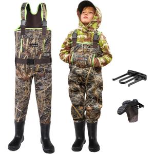 HISEA Kids Chest Waders for Toddler & Children, Youth Neoprene Waterproof Hunting Fishing Wader with Insulated Boots Boy Girl (12/13 Big Kid, Next Camo Evo(s) - Green)