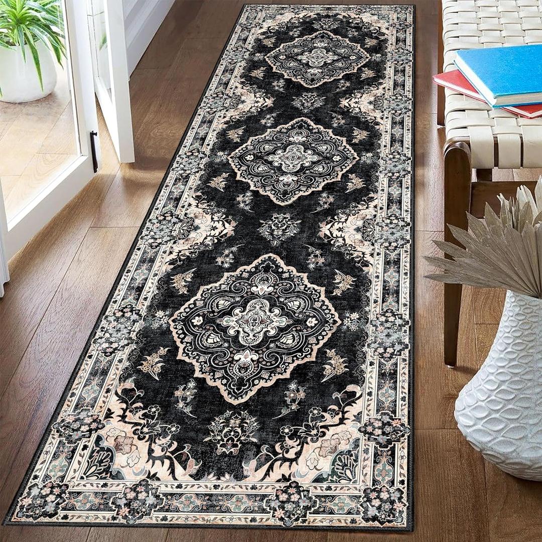 MUJOO Hallway Runner Rug 2'x8' Black,Long Boho Rug Runners Washable Non Slip Carpet for Entryway Kitchen Bathroom Bedside,Vintage Bohemian Distressed Farmhouse Non Slip Carpet,Floral