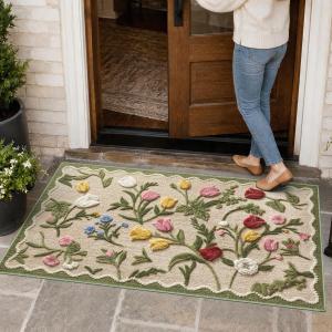3x5 Small Beige Floral Entryway Rug, Neutral Farmhouse Front Door Mat, Washable Non Slip Thin Low Pile Floor Mat for Indoor Outdoor Kitchen Bathroom Porch