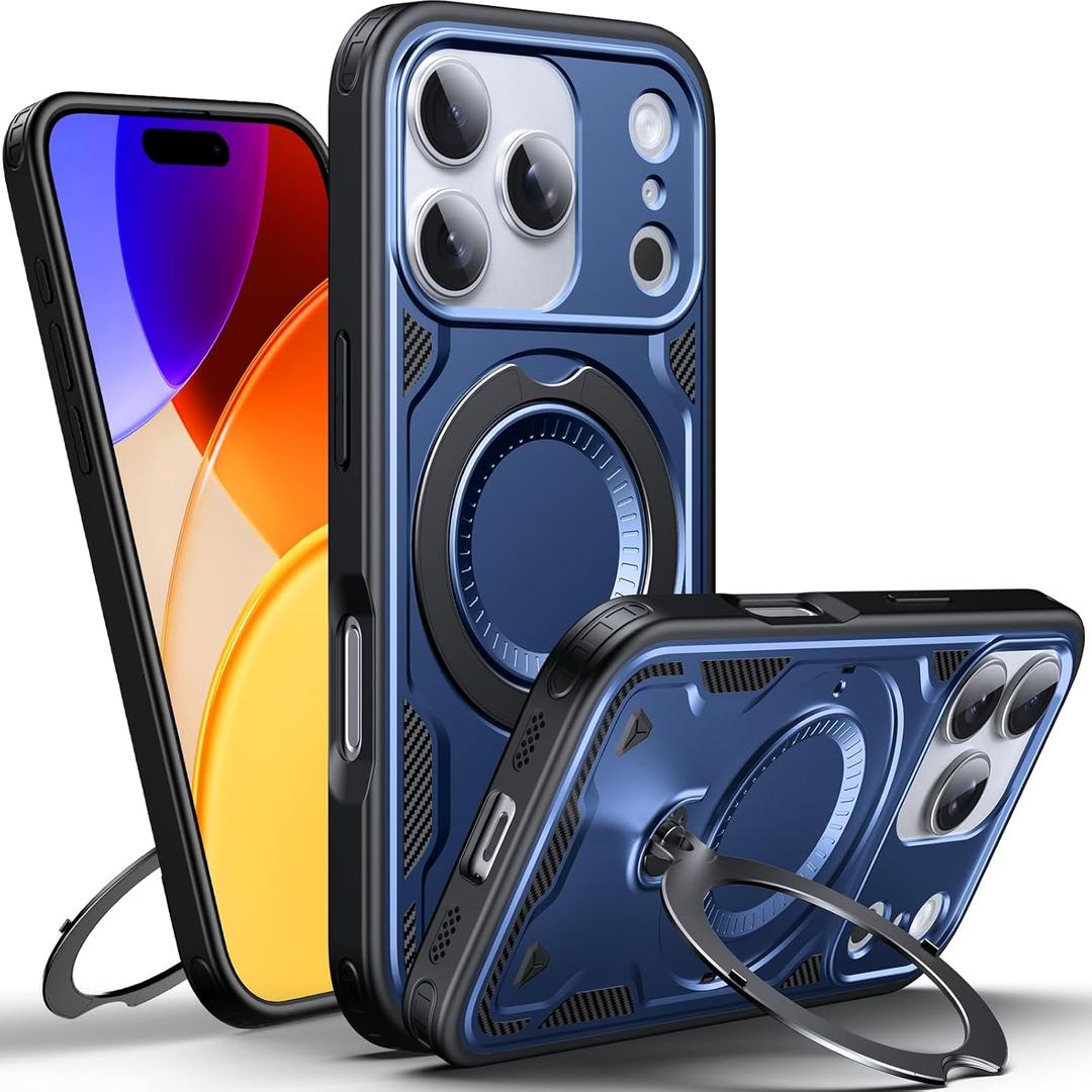 Designed for iPhone 17 Pro Max Magnetic Case, Compatible with Magsafe, 10ft Drop Test Hard Rugged, 360 Rotating Ring Kickstand Shockproof Protection Phone Case iPhone 17 Pro Max Cover, Blue