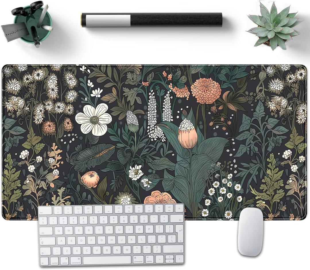 Dark Flower Desk Mat Floral Plants Mouse Pad Boho Aesthetic Wildflowers Large Gaming Mousepad Desk Pad, XXL Keyboard Mouse Mat Full Desktop Mat Women Office Desk Accessories 31.5"x15.7"