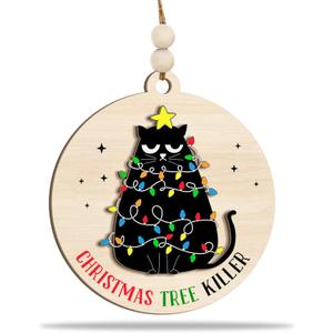 3 x Funny Cat Ornament 2025  Christmas Tree Killer Ornament Wooden Round Holiday Decoration with Cat Wrapped in Lights  Humorous Gift for Pet Lovers, Pet Owners & Christmas Tree Dcor