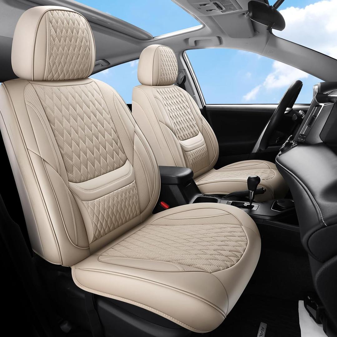 Leather Car Seat Covers, Car Seat Covers Full Set, Automotive Seat Covers 5 Seats, Fit for Most Cars SUVs, and Most Sedan,s Hatchbacks Crossovers, Breathable, Waterproof, Full Wrapping Edge Seat Covers, Beige