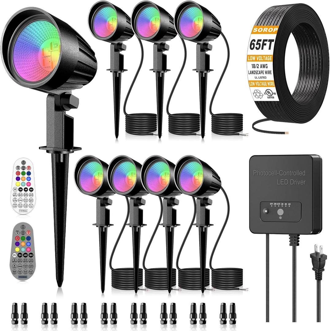 RGBW Low Voltage Landscape Lights Kit, 15W Color Changing Landscape Lights with Transformer 65FT UL-Listed Wire, Outdoor Spotlights IP66 Waterproof Remote Control for Holiday Yard Garden, 8Pack