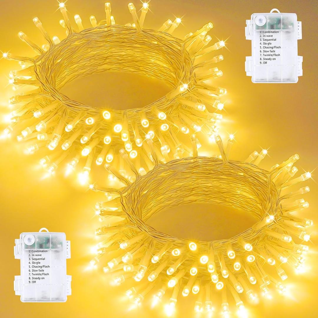 2 Pack Christmas String Lights Battery Operated with Timer, 33FT 100 LED Waterproof Twinkle Lights, 8 Modes Fairy Light for Indoor and Outdoor Bedroom Garland Tree Christmas Decorations (Warm White)