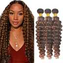 ZCMYVINND Light Brown Deep Wave Bundles Human Hair Ombre P4/30 Deep Curly Weave Chocolate Medium Brown Piano Color Highlights Bundles 10 12 14 Inch Brazilian Human Hair Extensions