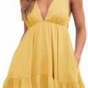 Febriajuce Womens Summer Mini Dress Loose Ruffle Deep V-Neck Backless Strap Solid Casual Short Dresses with Pockets (Small, Yellow)