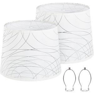 White Lampshades Set of 2 for Table Floor Lamp, Lampshades with with Line Design, 12.7" Top x 12.7" Bottom x 10" High, Natural Linen Hand Crafted, Lamp Shade Harp Holder Included (Beige, Silver)